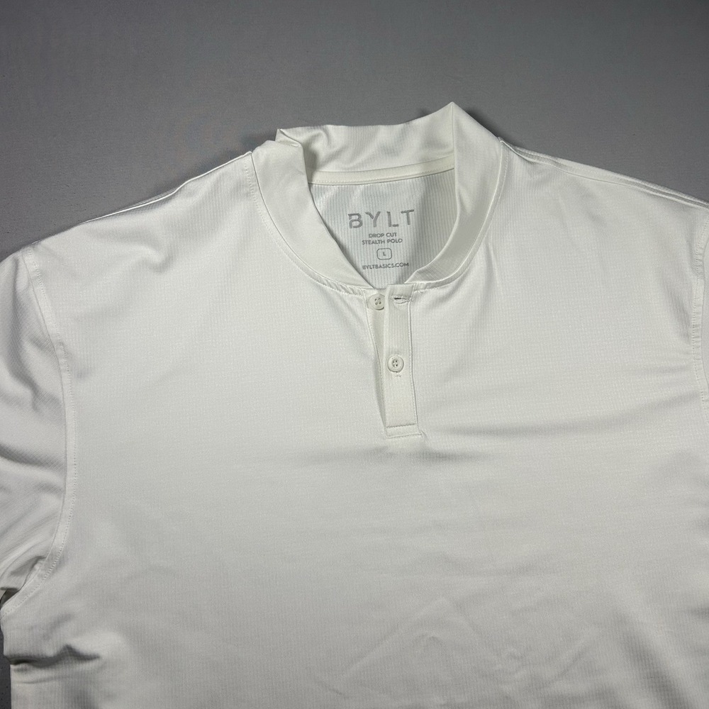 BYLT Premium Basics Drop Cut Stealth Polo Shirt Men's Size L White Blade Collar